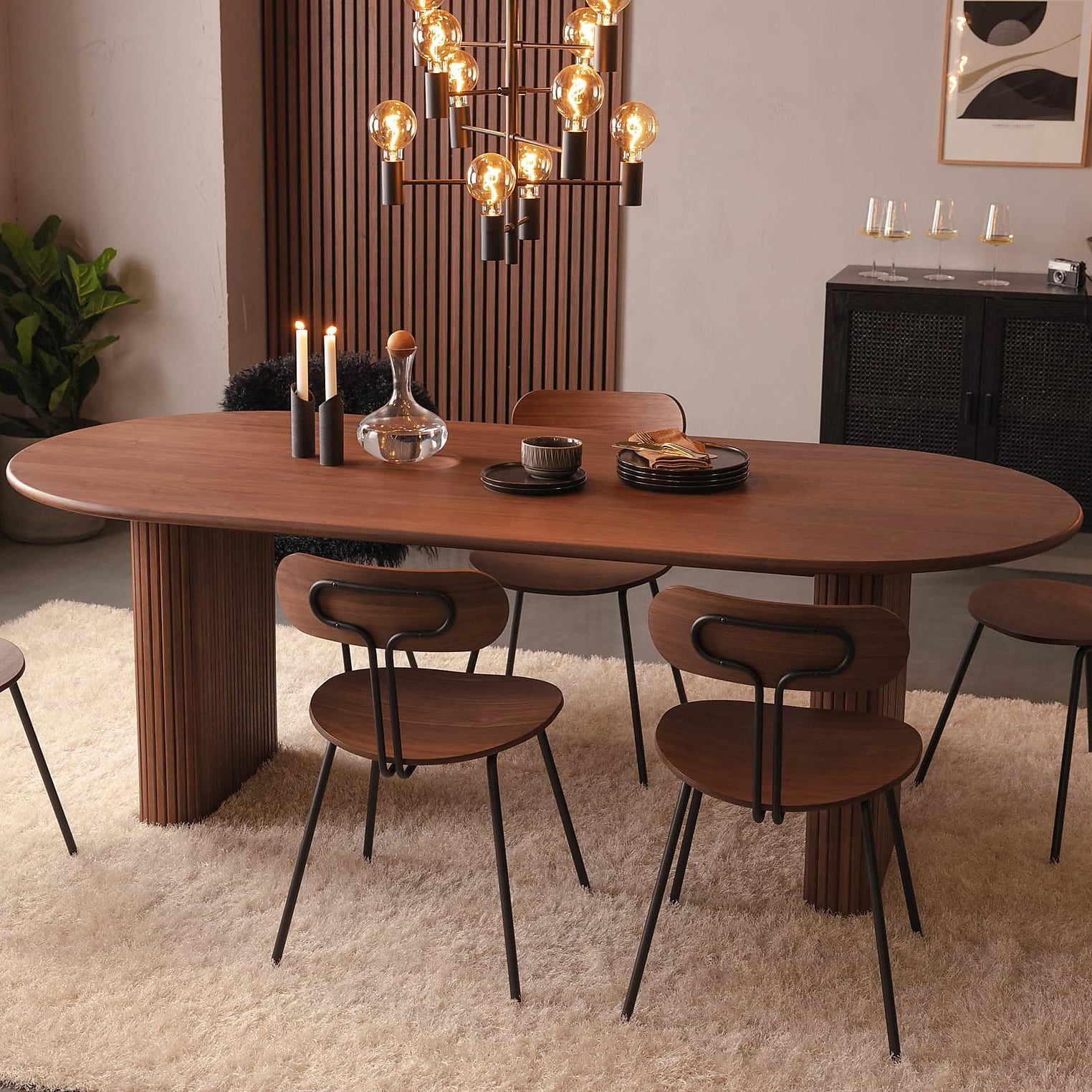 Solid Wood Top Dining Table Modern Oval Table with Double Pedestal for Kitchen