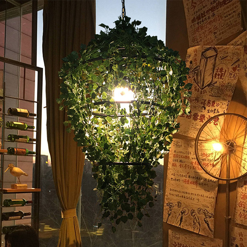 Caged Metal Down Lighting Pendant Retro 1 Bulb Restaurant LED Hanging Ceiling Light in Black with Plant