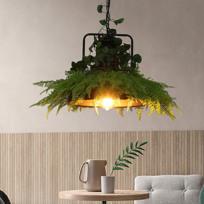 Black Barn Pendant Light Retro Metal 1 Head Restaurant LED Ceiling Lamp with Plant, 14"/18"/19.5" Width