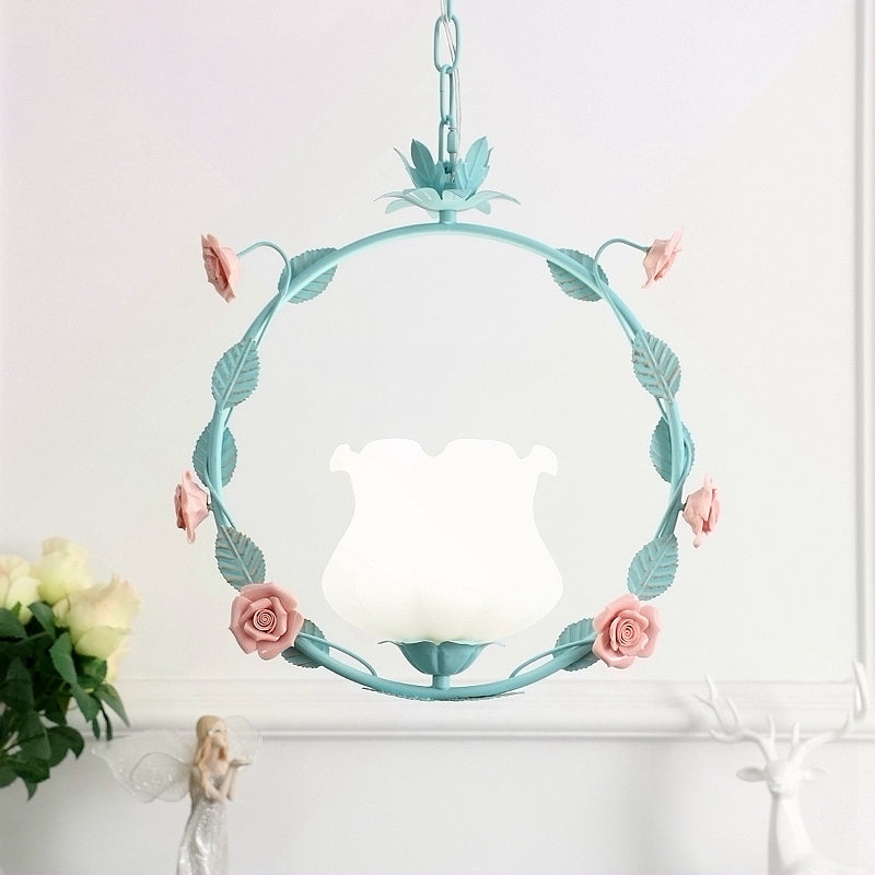 White Glass Round Ceiling Lamp Pastoral 1 Head Dining Room LED Suspension Pendant Light in Pink/Blue