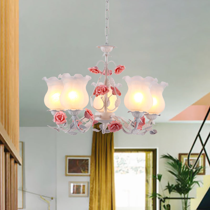 Flower White Glass Chandelier Light Pastoral 5 Bulbs Dining Room Pendant Lighting Fixture in Pink
