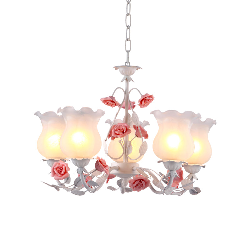 Flower White Glass Chandelier Light Pastoral 5 Bulbs Dining Room Pendant Lighting Fixture in Pink