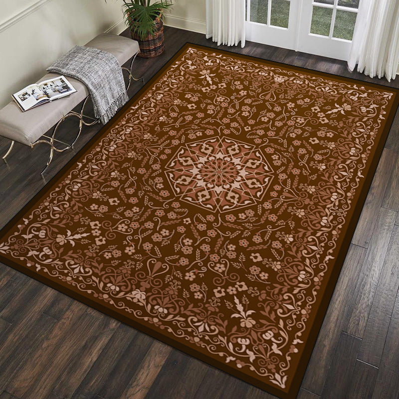 Dark Brown Bohemia Rug Polyester Graphic Rug Stain Resistant Rug for Living Room