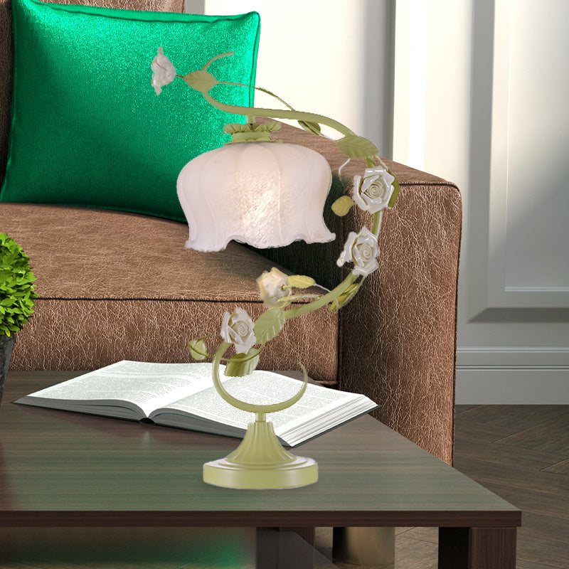 Metal Green Night Table Lamp Floral 1 Bulb Countryside Nightstand Lighting for Bedroom