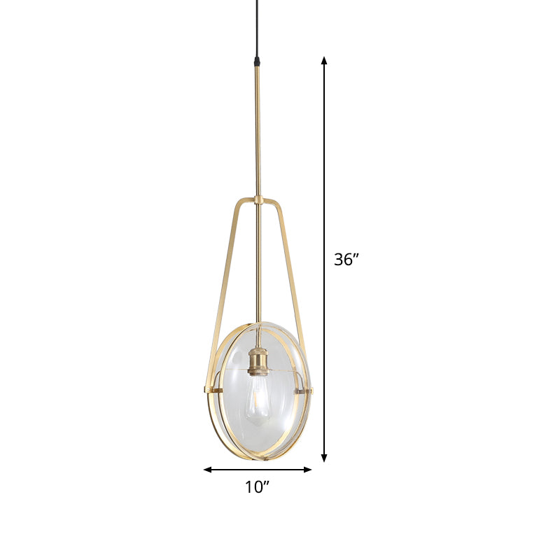Brass Oval Pendant Light Contemporary 1-Light Clear Glass Ceiling Lamp with Forked Halberd Frame