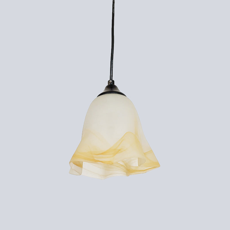 Contemporary 1-Light Down Light with White Frosted Glass Shade Black Floral Ceiling Hang Fixture