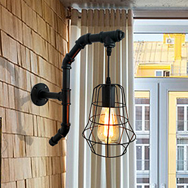 1 Light Cage Wall Lighting Fixture Industrial Black Metal Sconce Light for Bedroom