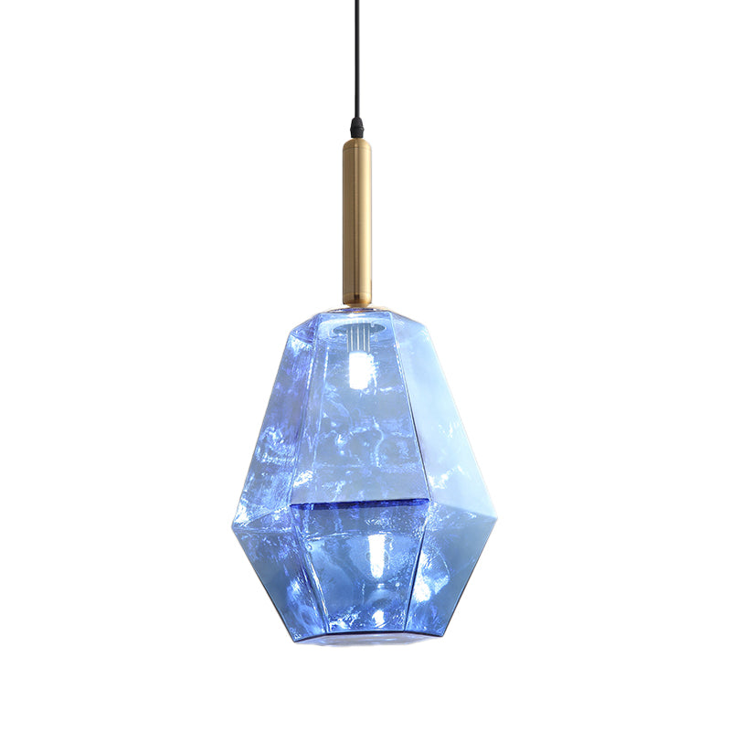 Kit d'éclairage en verre bleu diamant contemporain 1 luminaire pendentif LED en laiton léger