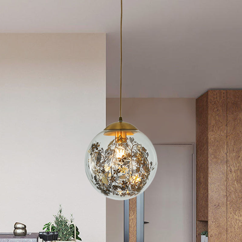 Yellow Ball Pendant Lamp Modern 1-Head Clear Glass Ceiling Light with Inner Shattered Leaves Decoration