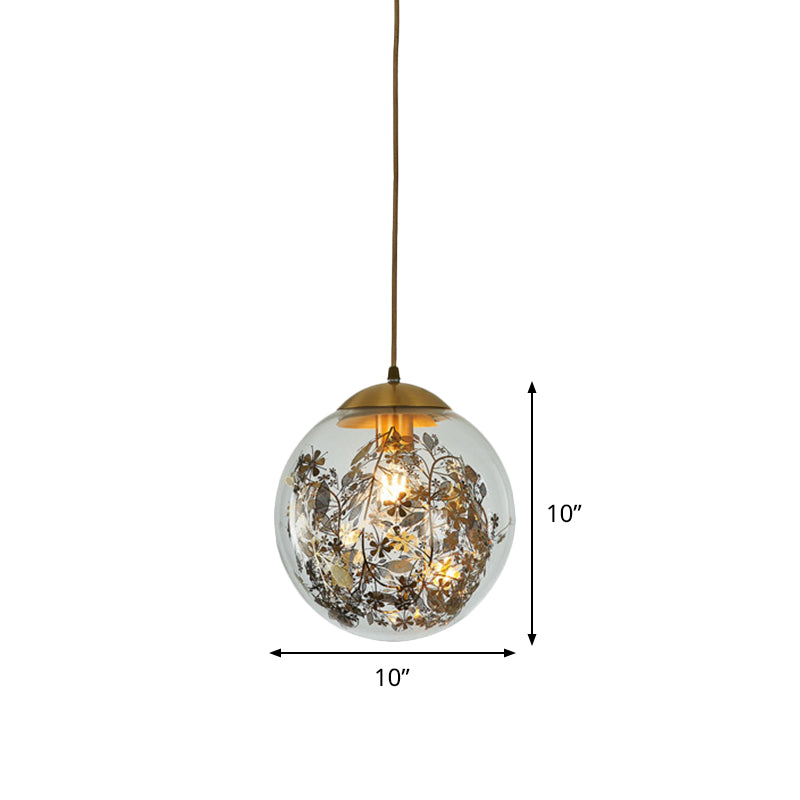 Yellow Ball Pendant Lamp Modern 1-Head Clear Glass Ceiling Light with Inner Shattered Leaves Decoration