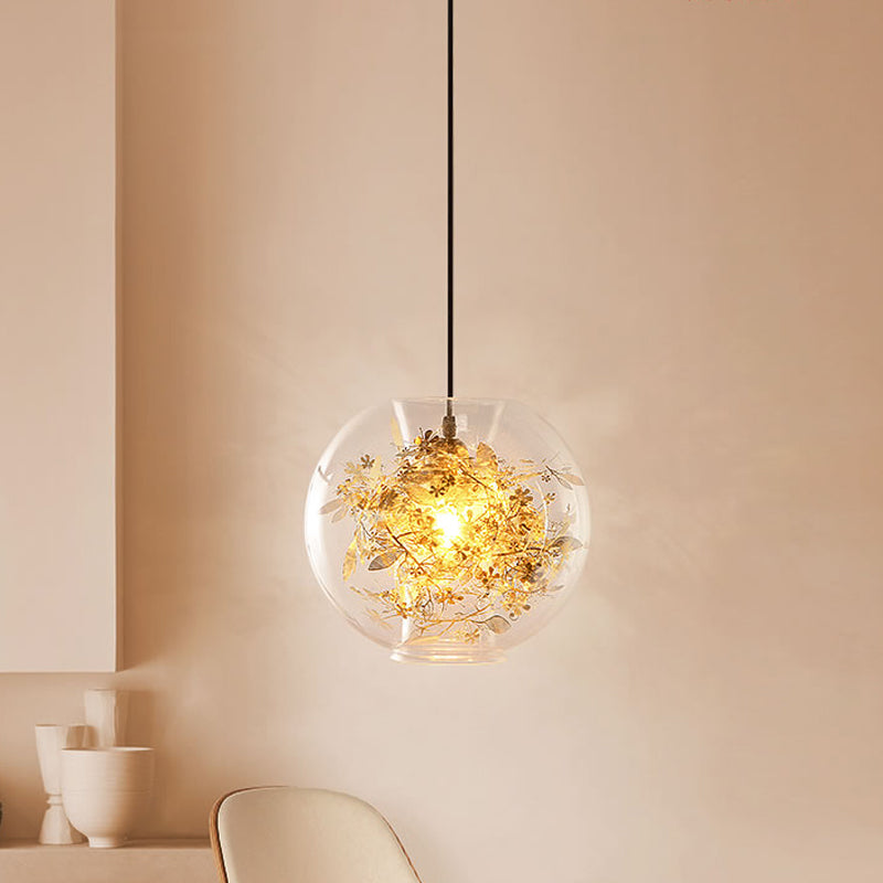 Sphere Pendant Lighting Modern Clear Glass 1 Head Gold Suspension Lamp with Inner Shattered Leaves Detail