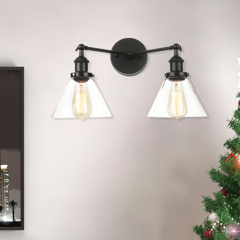 Clear Glass Conical Wall Mount Light Vintage 2 Lights Living Room Sconce Fixture in Black/Brass/Bronze