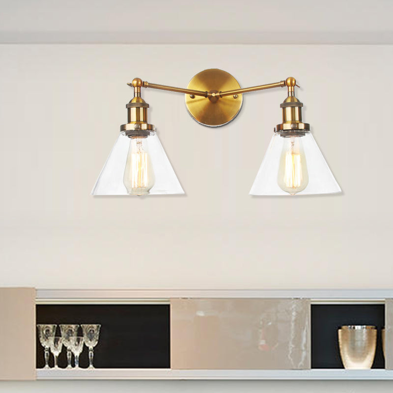 Clear Glass Conical Wall Mount Light Vintage 2 Lights Living Room Sconce Fixture in Black/Brass/Bronze
