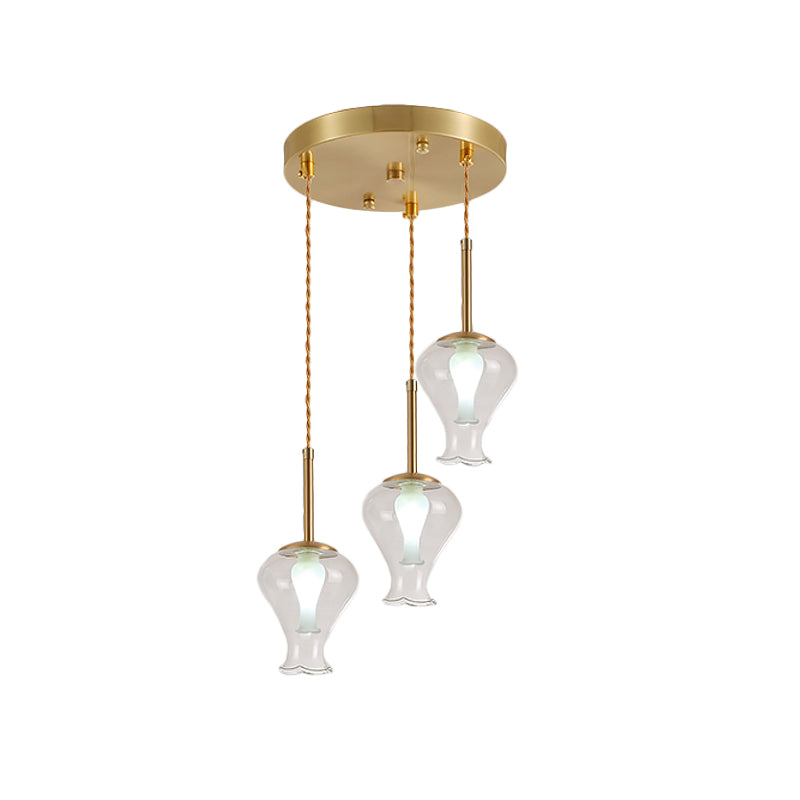 Vase en verre transparent Light modernisme 3 lumières Pendant multicolores en laiton sur salle à manger