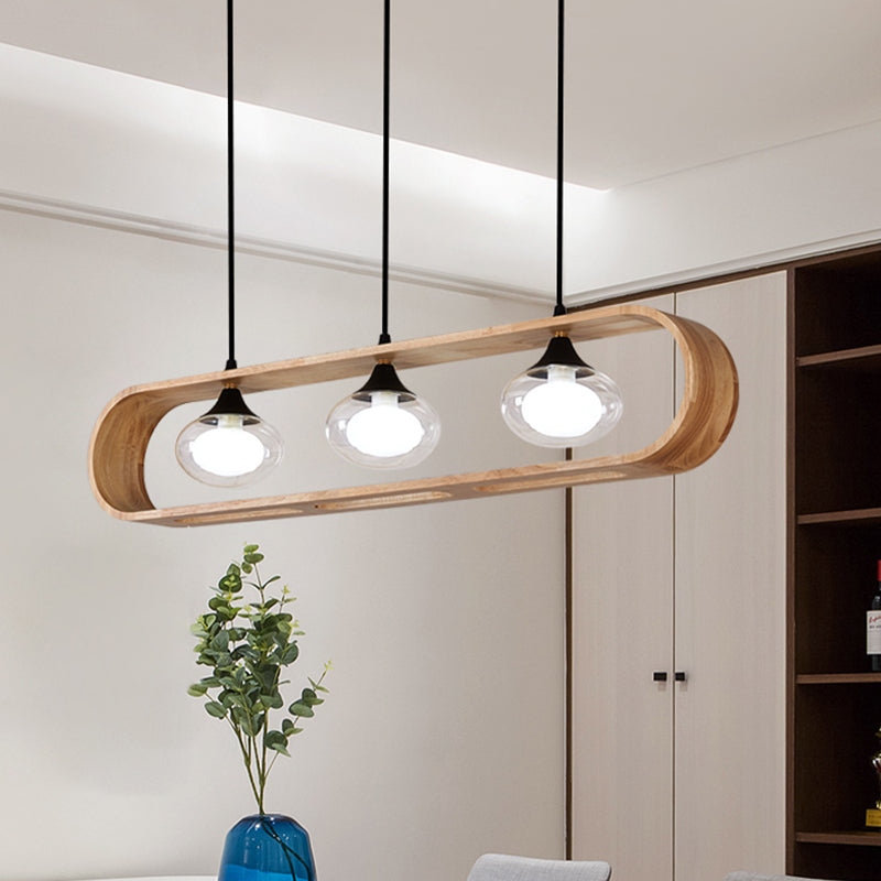 Rectangle beige suspension de l'éclairage suspendu à 3 têtes Pragas de cluster en bois avec une teinte en verre transparent ovale