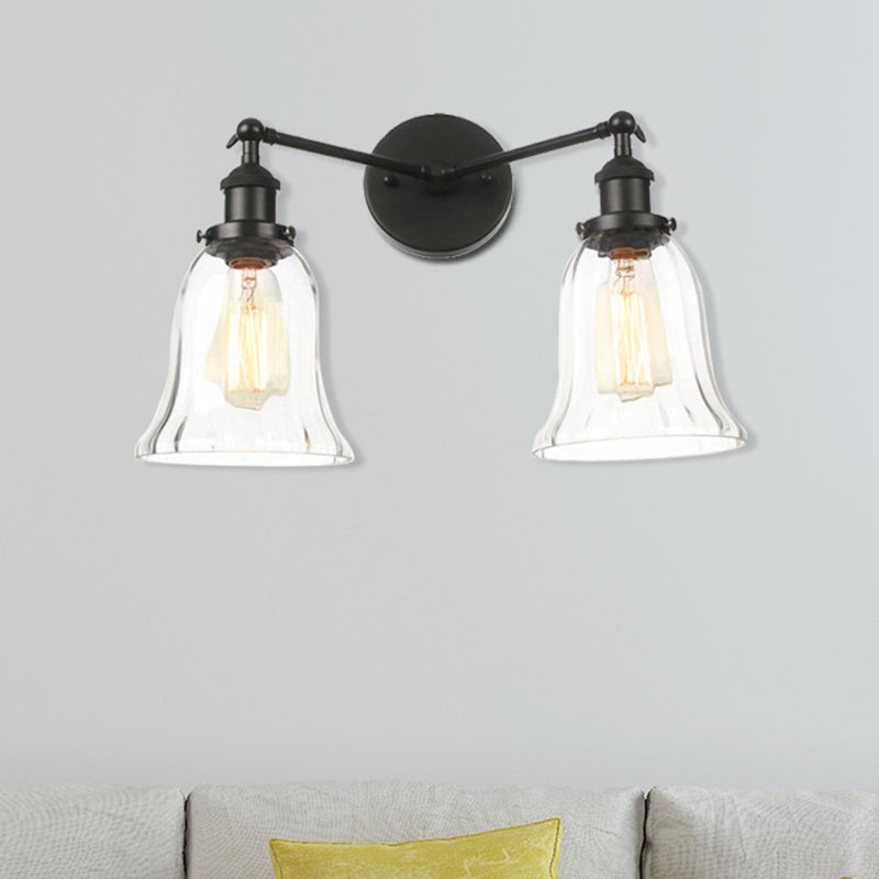 2 Lights Indoor Wall Lighting Industrial Style Black/Chrome/Bronze Sconce with Bell Clear Glass Shade