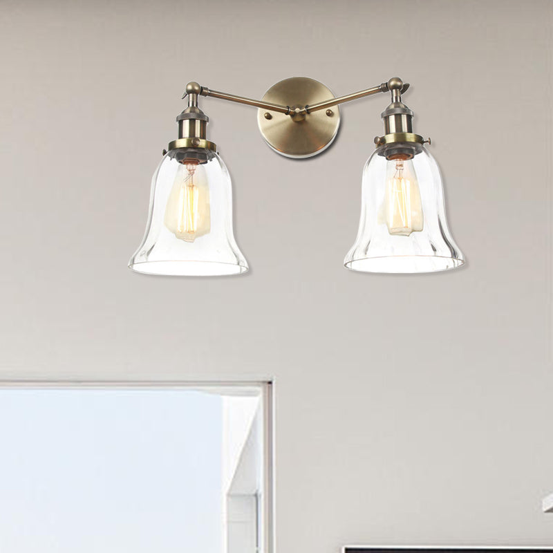 2 Lights Indoor Wall Lighting Industrial Style Black/Chrome/Bronze Sconce with Bell Clear Glass Shade