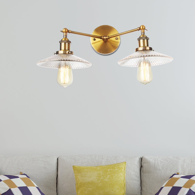 Saucer Clear Ribbed Glass Wall Sconce Light Warehouse 2 Lights Indoor Lighting Fixture in Bronze/Brass/Chrome
