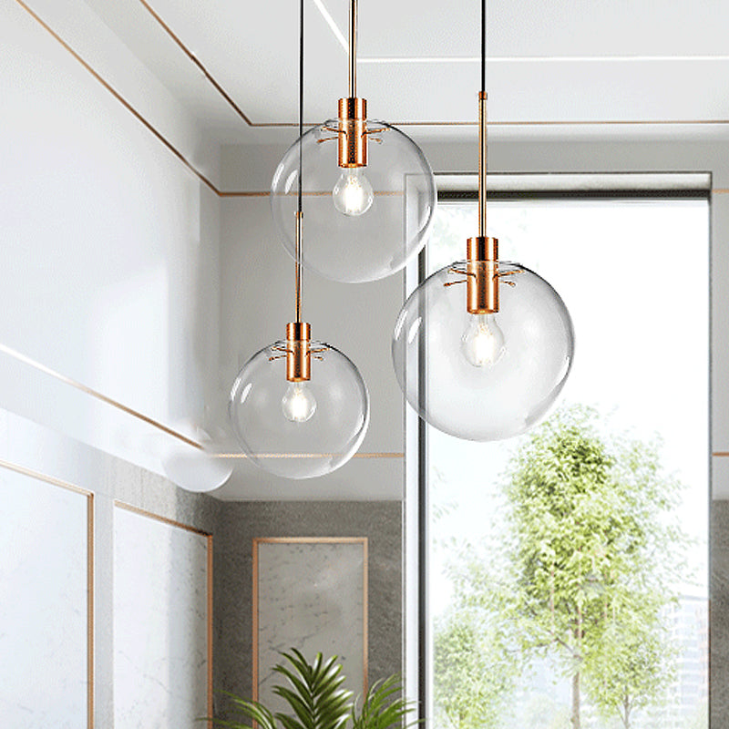 Rose Gold Round Cluster Pendant Light Minimalist 3-Bulb Clear Glass Ceiling Hang Fixture