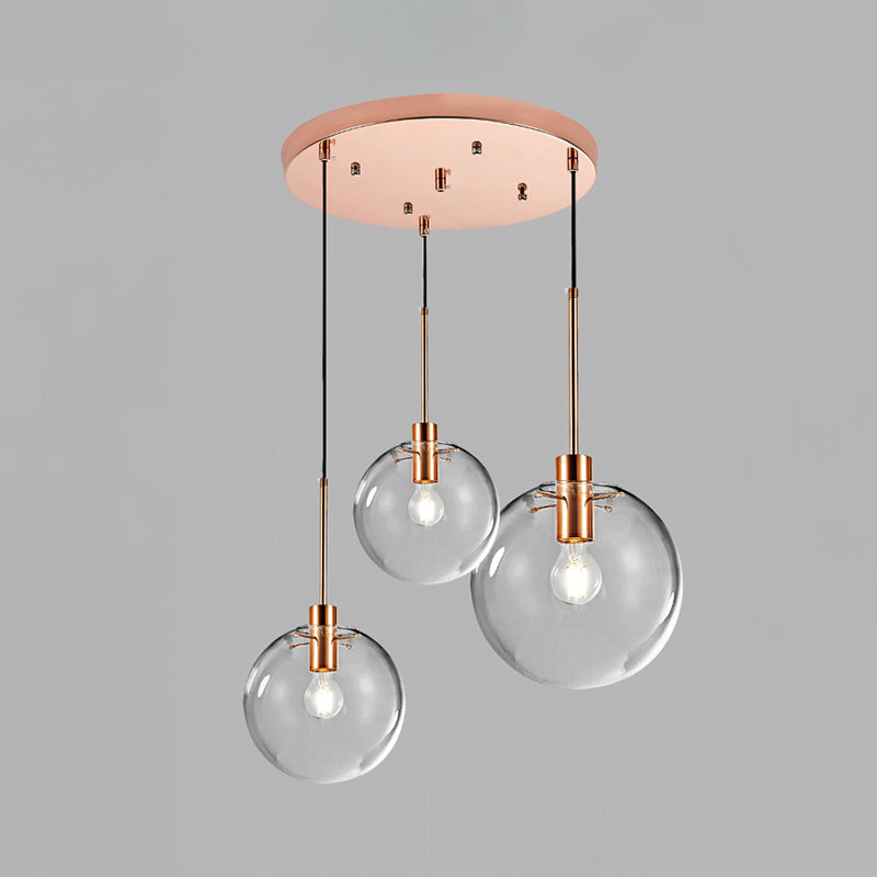 Rose Gold Round Cluster Pendant Light Minimalist 3-Bulb Clear Glass Ceiling Hang Fixture