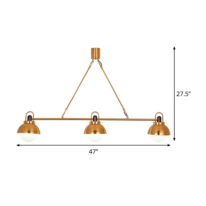 Brass Linear Chandelier Pendant Light Modernist 3 Bulbs Metallic Hanging Lamp Kit with Orb Opal Glass Shade