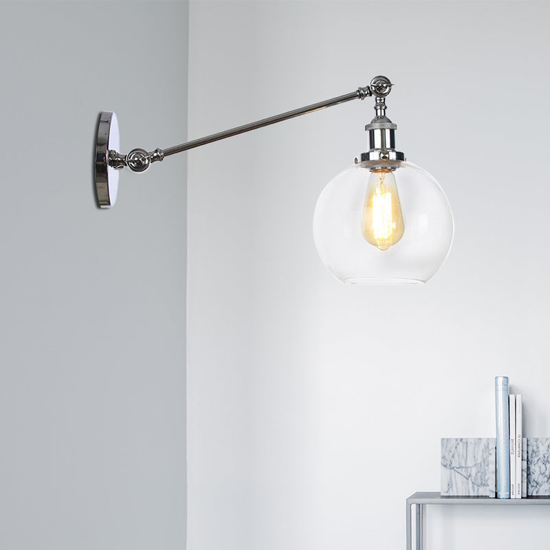 Clear Glass Globe Wall Lighting Farmhouse 1 Light Living Room Light Fixture in Black/Brass/Bronze with Arm, 8"/12" L