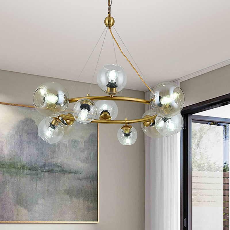 Contemporary 12 Lights Pendant with Clear Glass Shade Brass Round Hanging Ceiling Lamp