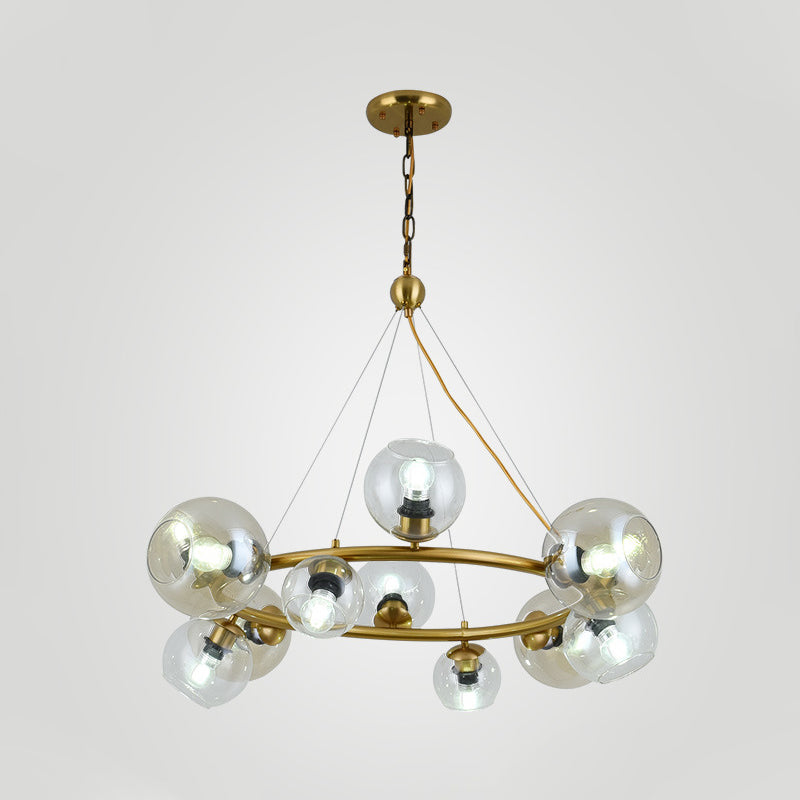Contemporary 12 Lights Pendant with Clear Glass Shade Brass Round Hanging Ceiling Lamp