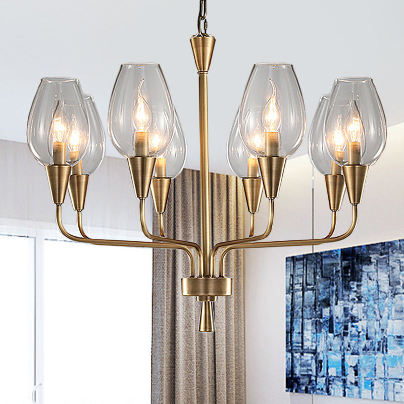 Clear Glass Cup Hanging Lighting Modernism 8-Head Pendant Chandelier in Brass with Curved Arm