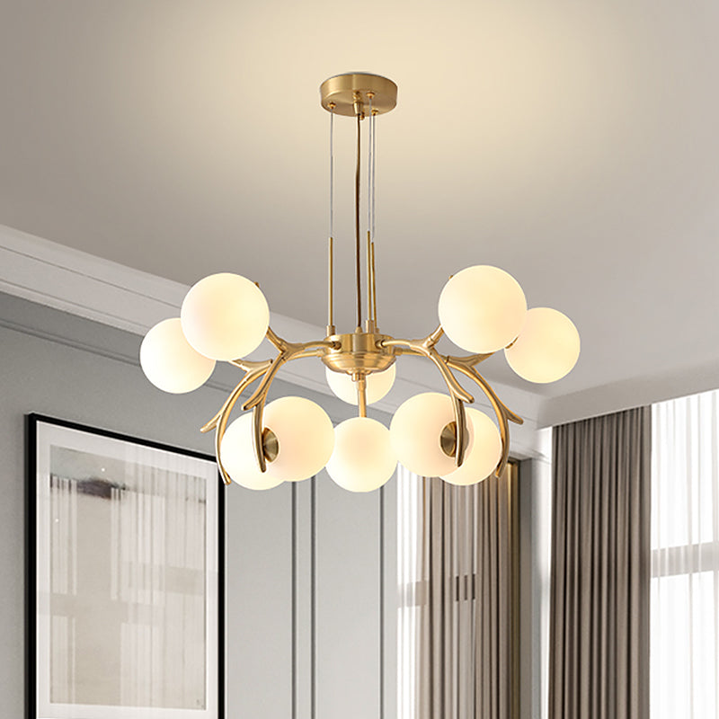 Sphere Bedroom Ceiling Chandelier White Glass 10-Bulb Modern Brass Pendant with Antler Arm