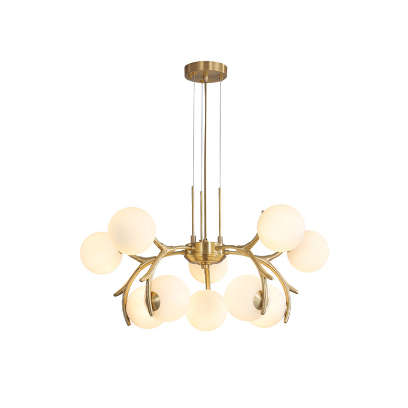 Sphere Bedroom Ceiling Chandelier White Glass 10-Bulb Modern Brass Pendant with Antler Arm