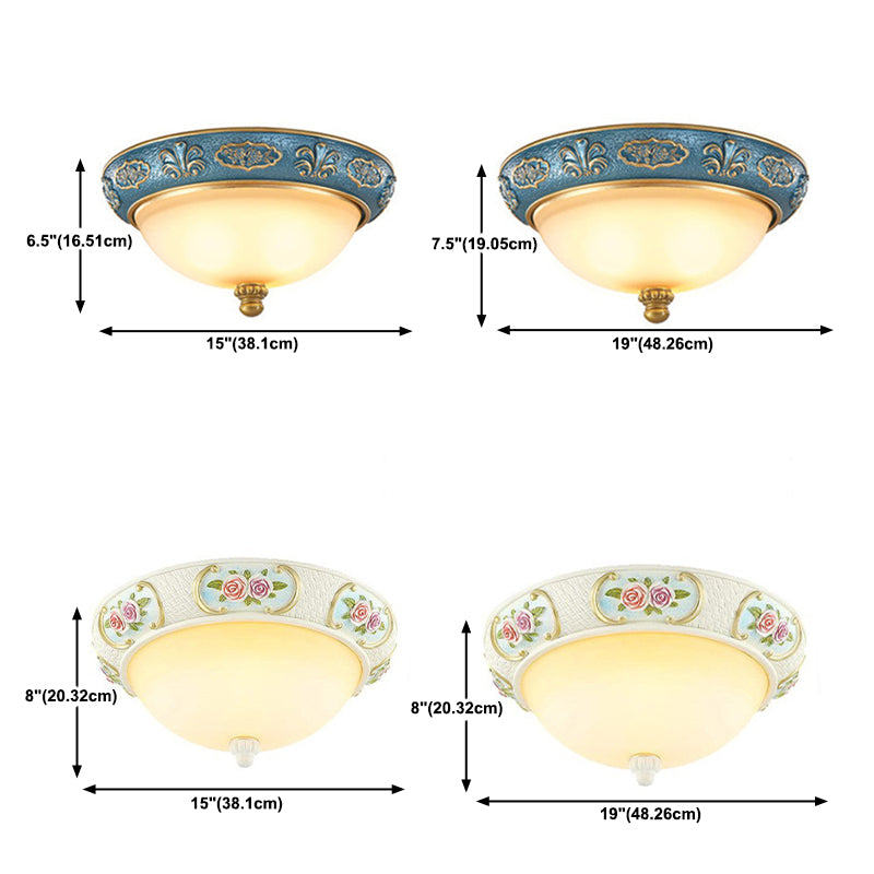 Country Style Domed Ceiling Light White Glass Flush Mount Lighting Fixture
