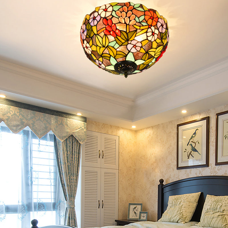 3 Lights Ceiling Fixture Tiffany Style Glass Flush Mount Lamp