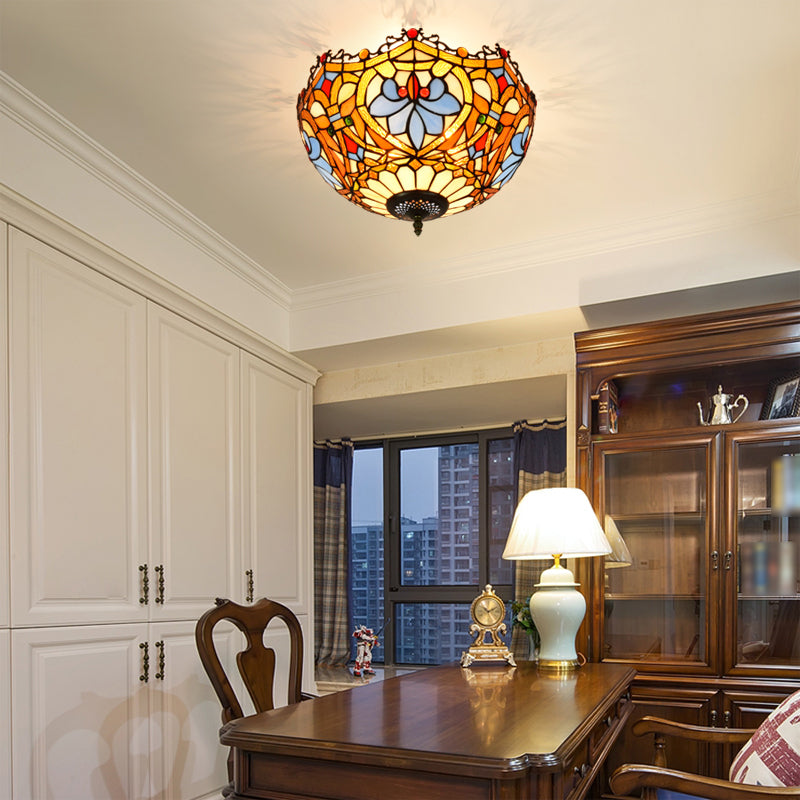 3 Lights Ceiling Fixture Tiffany Style Glass Flush Mount Lamp