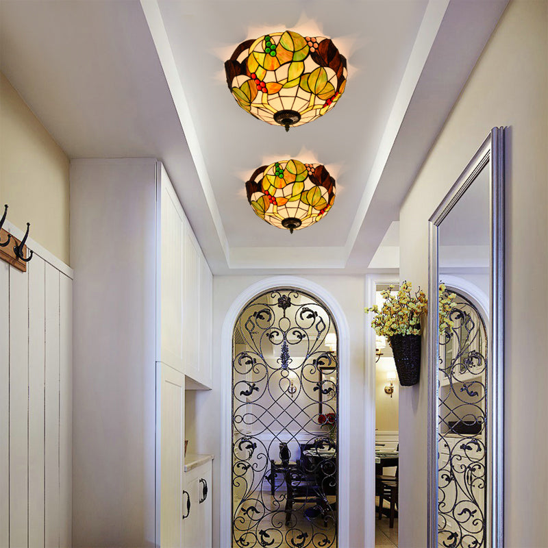 3 Lights Ceiling Fixture Tiffany Style Glass Flush Mount Lamp