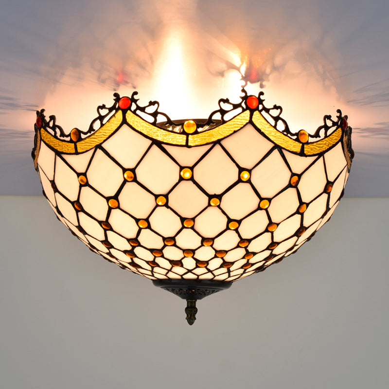 3 Lights Ceiling Fixture Tiffany Style Glass Flush Mount Lamp