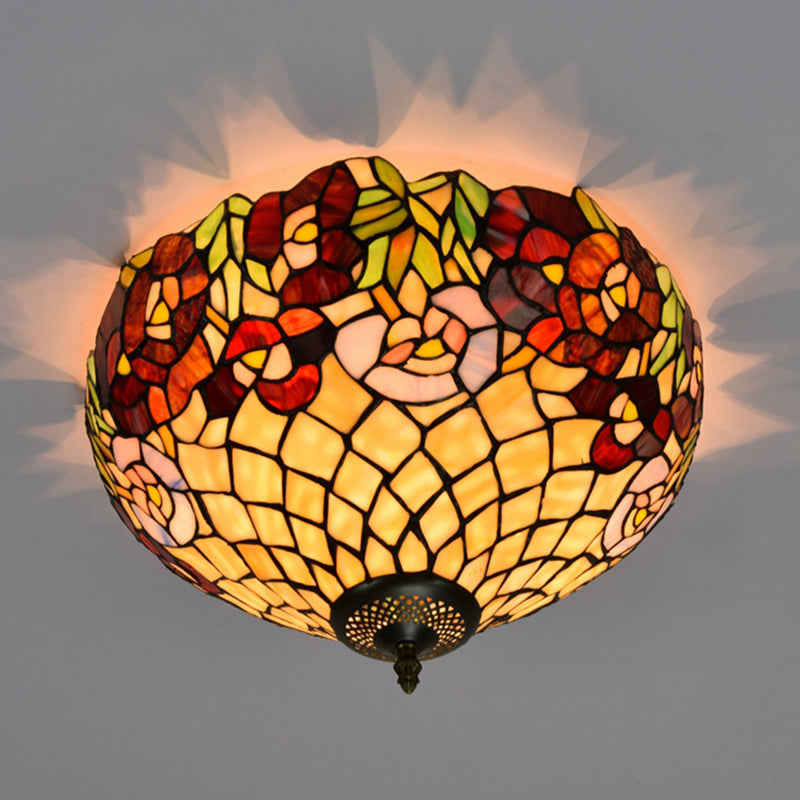 3 Lights Ceiling Fixture Tiffany Style Glass Flush Mount Lamp