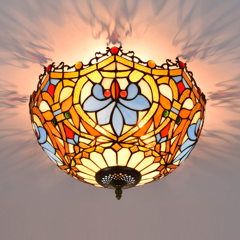 3 Lights Ceiling Fixture Tiffany Style Glass Flush Mount Lamp
