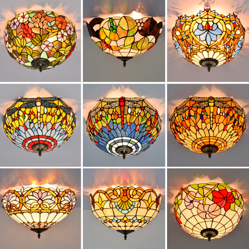 3 Lights Ceiling Fixture Tiffany Style Glass Flush Mount Lamp