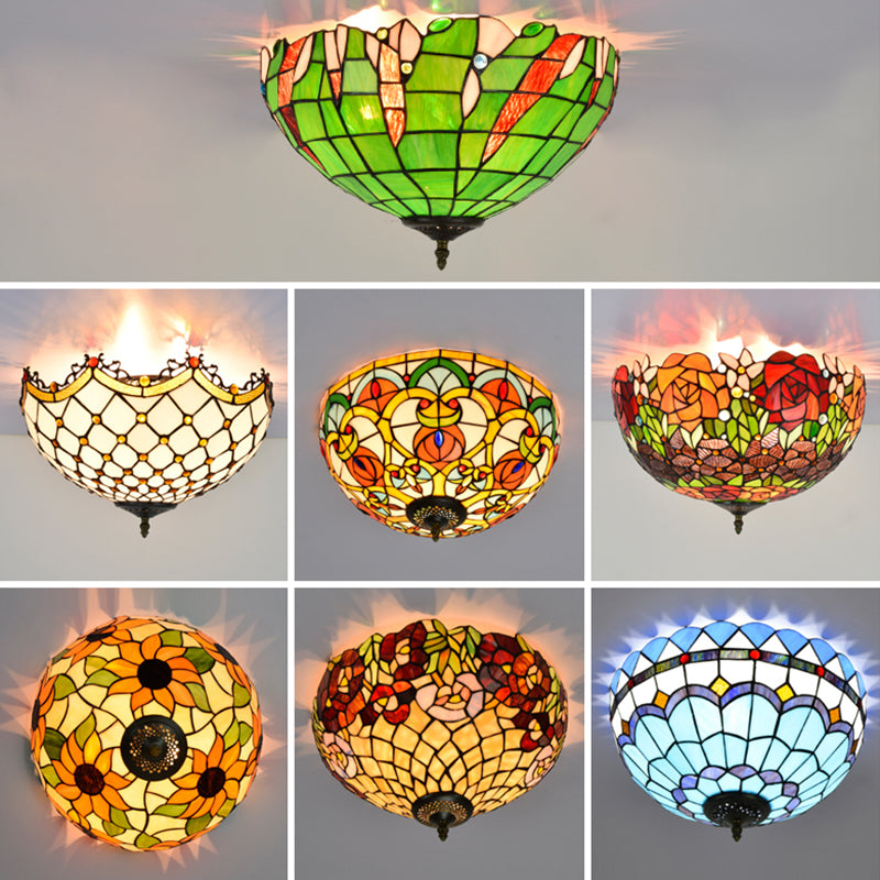 3 Lights Ceiling Fixture Tiffany Style Glass Flush Mount Lamp