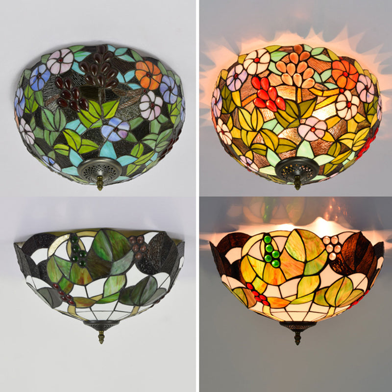 3 Lights Ceiling Fixture Tiffany Style Glass Flush Mount Lamp