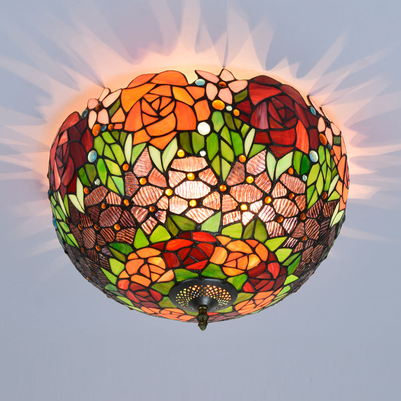 3 Lights Ceiling Fixture Tiffany Style Glass Flush Mount Lamp