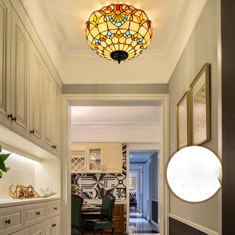 3 Lights Ceiling Fixture Tiffany Style Glass Flush Mount Lamp