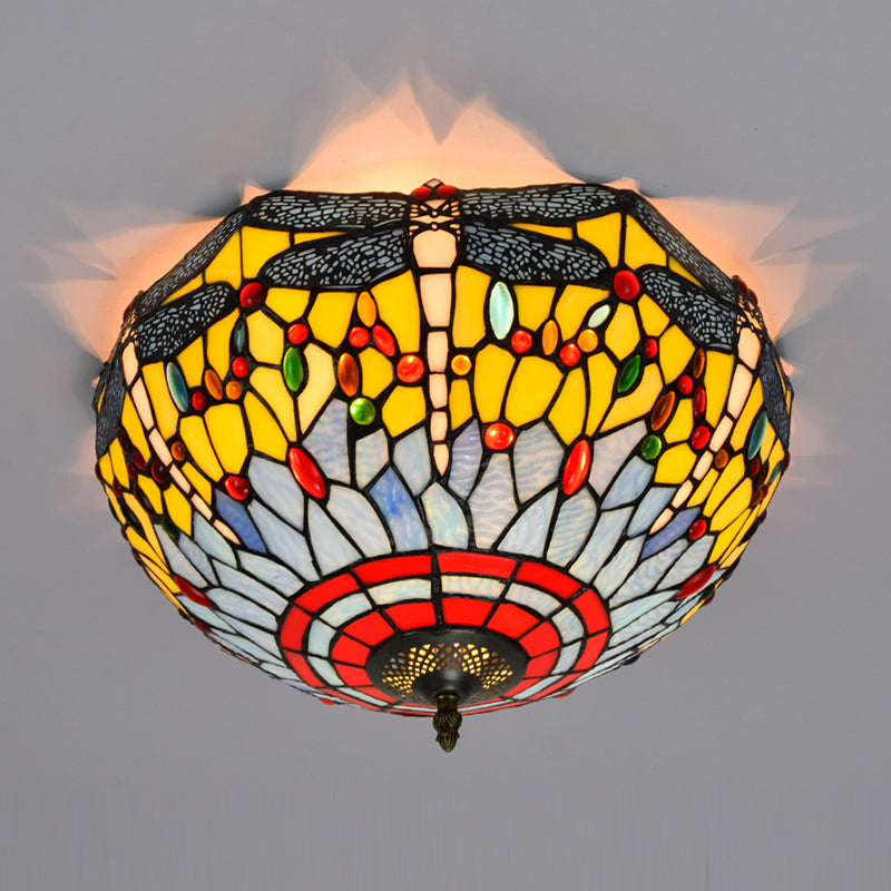 3 Lights Ceiling Fixture Tiffany Style Glass Flush Mount Lamp
