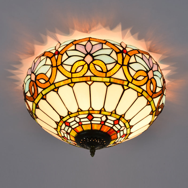3 Lights Ceiling Fixture Tiffany Style Glass Flush Mount Lamp