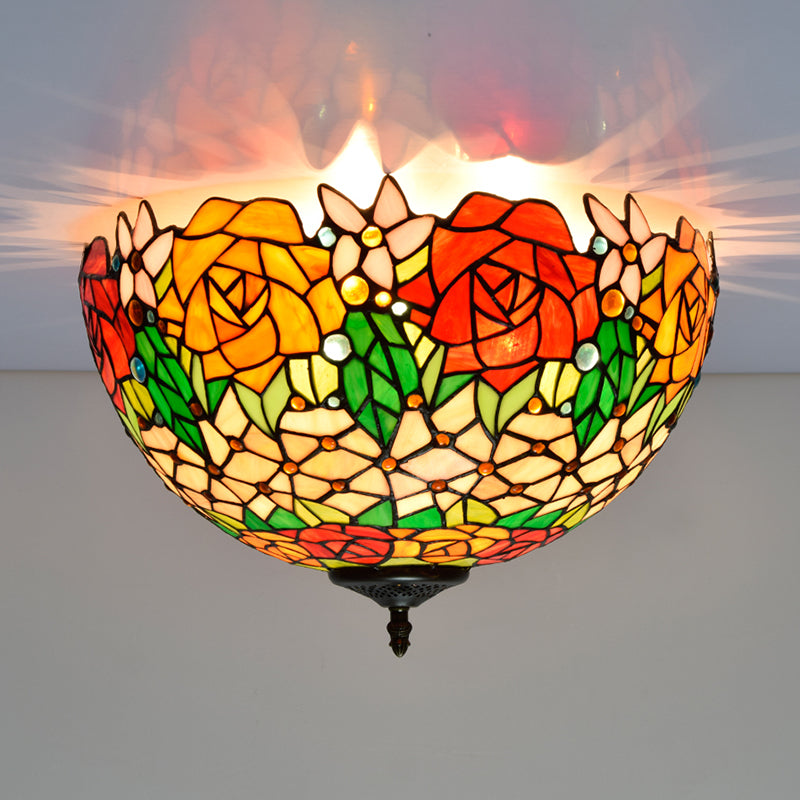 3 Lights Ceiling Fixture Tiffany Style Glass Flush Mount Lamp