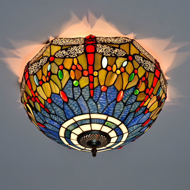 3 Lights Ceiling Fixture Tiffany Style Glass Flush Mount Lamp