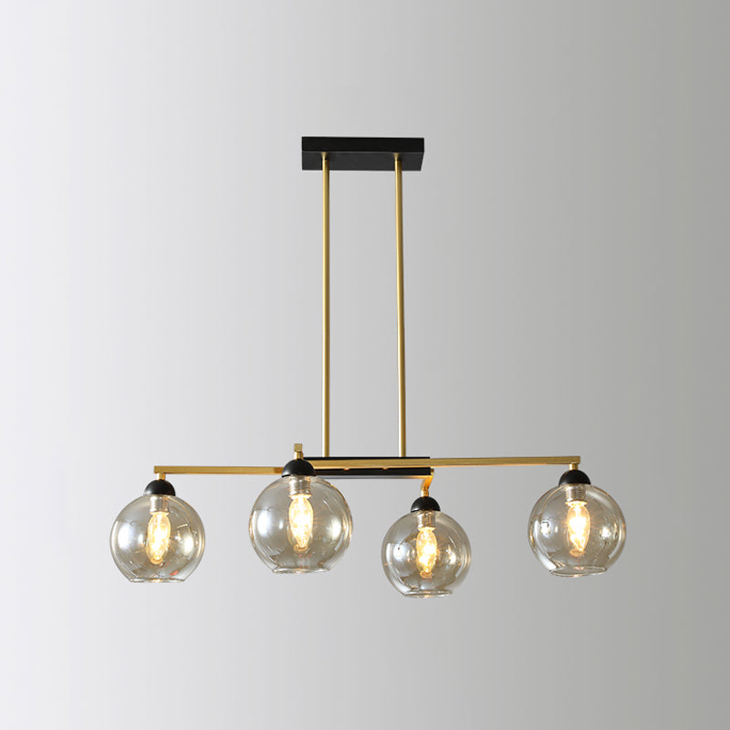 Linear Dining Room Down Lighting Metal 4-Light Simple Chandelier in Brass with Globe Clear Glass Shade