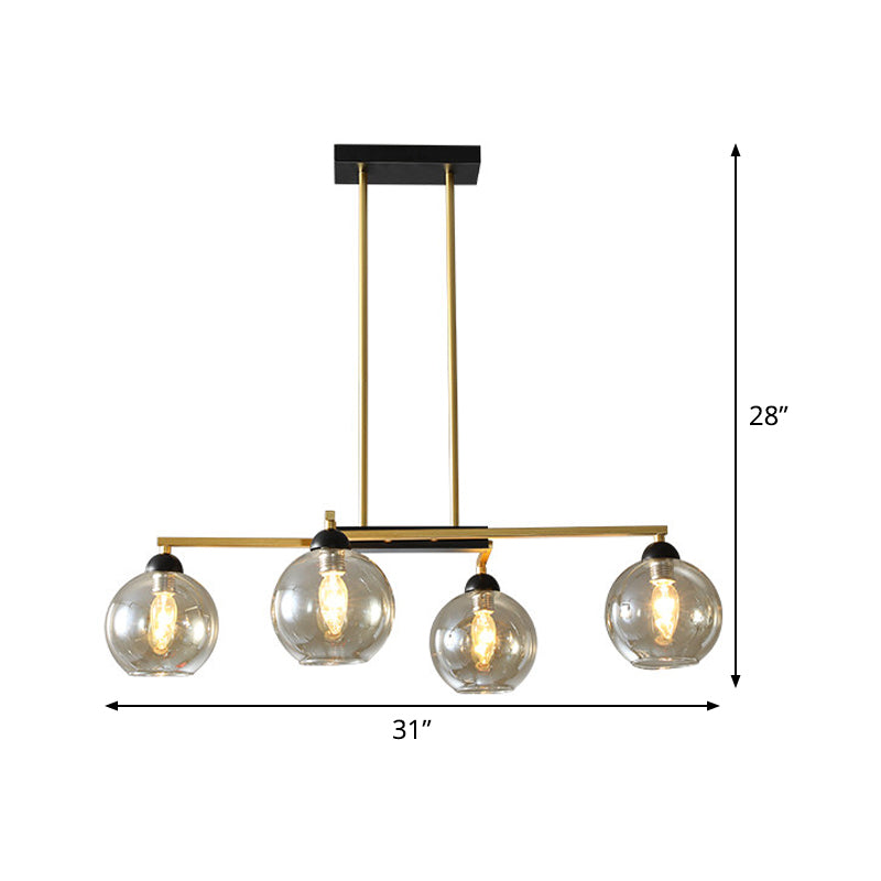 Linear Dining Room Down Lighting Metal 4-Light Simple Chandelier in Brass with Globe Clear Glass Shade