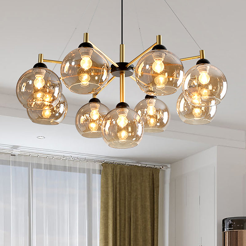 Post-Modern Globe Chandelier Lighting Amber Glass 9 Bulbs Living Room Ceiling Hang Fixture in Brass